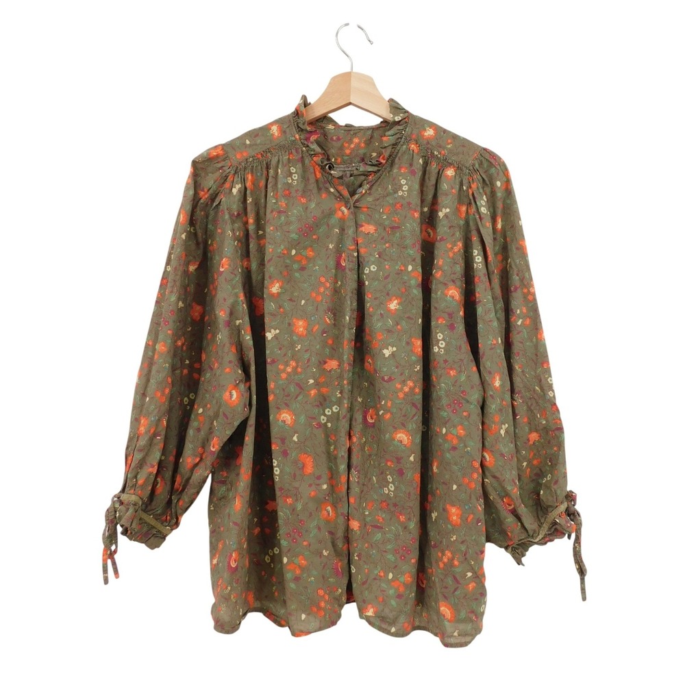 Sundance Ashton Fall Color Floral Ballon‎ Sleeve Blouse 100% Cotton Size